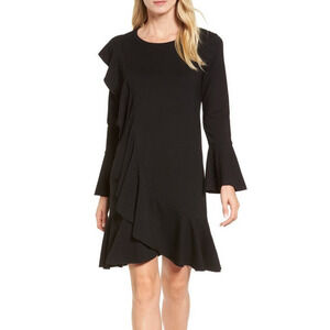 Halogen Women Ruffle Detail Knit Jewel Neck Dress Black Size S